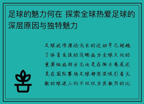 足球的魅力何在 探索全球热爱足球的深层原因与独特魅力 足球的魅力何在 探索全球热爱足球的深层原因与独特魅力